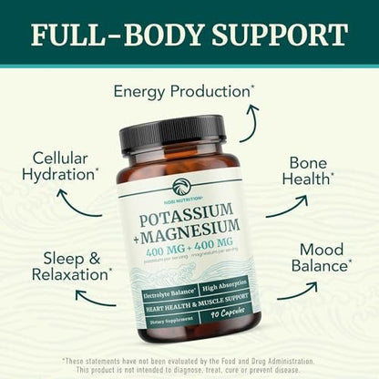Kalium-Magnesium Komplex | Hochdosiert für Herzgesundheit & Muskelunterstützung | 400 mg Kalium + 400 mg Magnesium | Energie, Knochengesundheit, Schlaf & Stimmung | 90 Kapseln