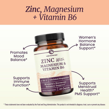 Zink und Magnesium Supplement mit Vitamin B6 | Frauen Hormonbalance, Menstruationszyklus & Immununterstützung | Hochabsorbierendes Chelat-Magnesiumglycinat mit Zinkpicolinat und Vitamin B6 | 60 Kapseln