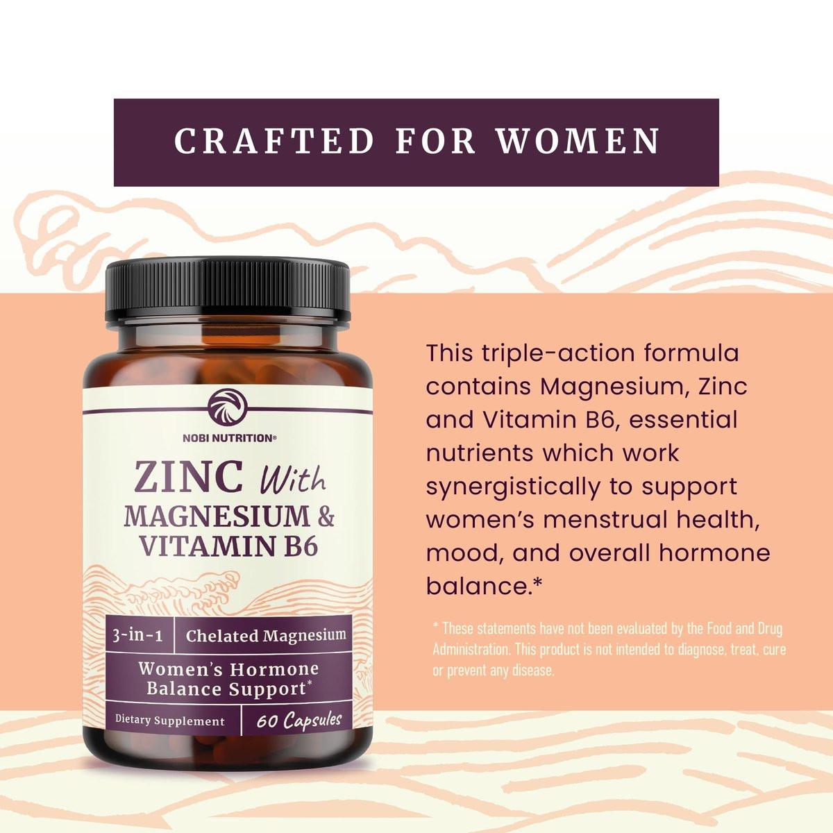 Zink und Magnesium Supplement mit Vitamin B6 | Frauen Hormonbalance, Menstruationszyklus & Immununterstützung | Hochabsorbierendes Chelat-Magnesiumglycinat mit Zinkpicolinat und Vitamin B6 | 60 Kapseln