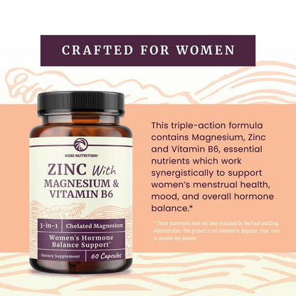 Zink und Magnesium Supplement mit Vitamin B6 | Frauen Hormonbalance, Menstruationszyklus & Immununterstützung | Hochabsorbierendes Chelat-Magnesiumglycinat mit Zinkpicolinat und Vitamin B6 | 60 Kapseln