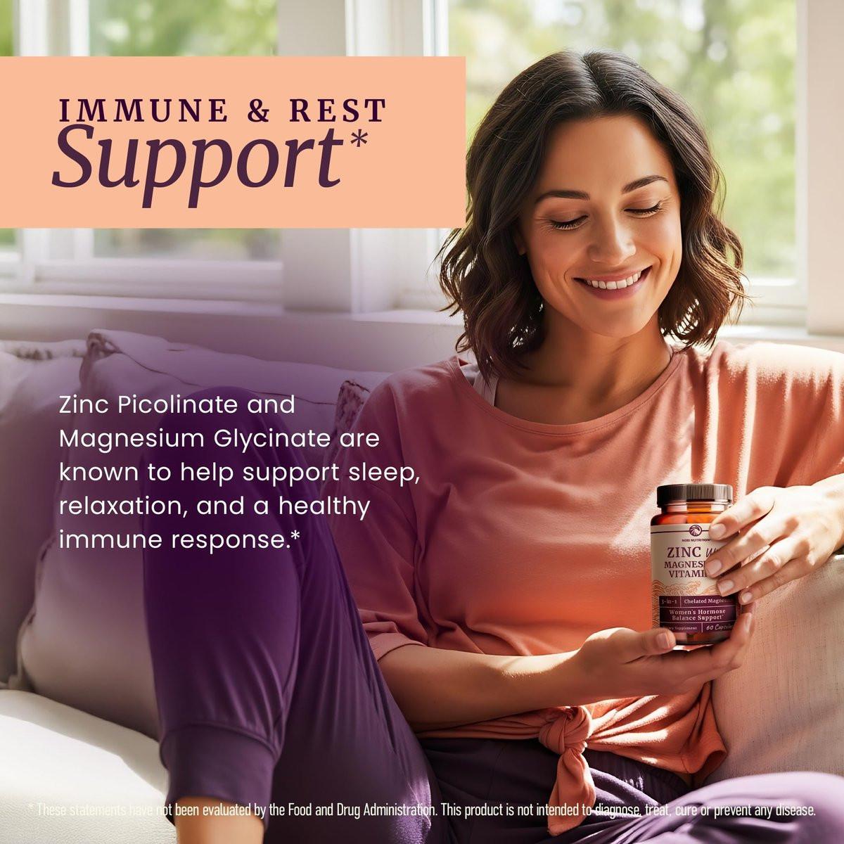 Zink und Magnesium Supplement mit Vitamin B6 | Frauen Hormonbalance, Menstruationszyklus & Immununterstützung | Hochabsorbierendes Chelat-Magnesiumglycinat mit Zinkpicolinat und Vitamin B6 | 60 Kapseln