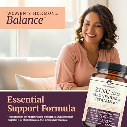 Zink und Magnesium Supplement mit Vitamin B6 | Frauen Hormonbalance, Menstruationszyklus & Immununterstützung | Hochabsorbierendes Chelat-Magnesiumglycinat mit Zinkpicolinat und Vitamin B6 | 60 Kapseln