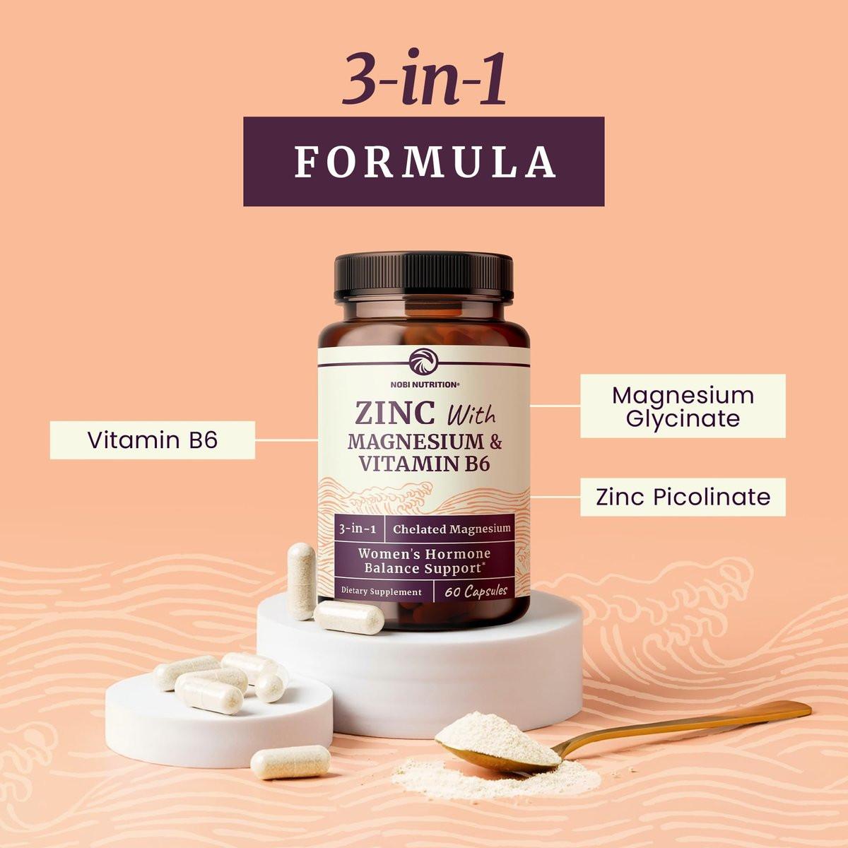 Zink und Magnesium Supplement mit Vitamin B6 | Frauen Hormonbalance, Menstruationszyklus & Immununterstützung | Hochabsorbierendes Chelat-Magnesiumglycinat mit Zinkpicolinat und Vitamin B6 | 60 Kapseln