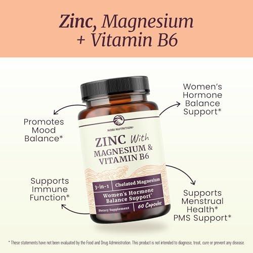 Zink und Magnesium Supplement mit Vitamin B6 | Frauen Hormonbalance, Menstruationszyklus & Immununterstützung | Hochabsorbierendes Chelat-Magnesiumglycinat mit Zinkpicolinat und Vitamin B6 | 60 Kapseln