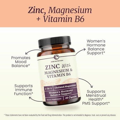 Zink und Magnesium Supplement mit Vitamin B6 | Frauen Hormonbalance, Menstruationszyklus & Immununterstützung | Hochabsorbierendes Chelat-Magnesiumglycinat mit Zinkpicolinat und Vitamin B6 | 60 Kapseln