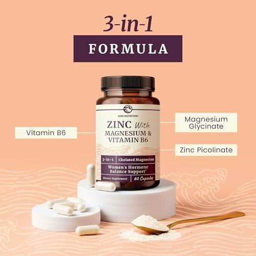 Zink und Magnesium Supplement mit Vitamin B6 | Frauen Hormonbalance, Menstruationszyklus & Immununterstützung | Hochabsorbierendes Chelat-Magnesiumglycinat mit Zinkpicolinat und Vitamin B6 | 60 Kapseln