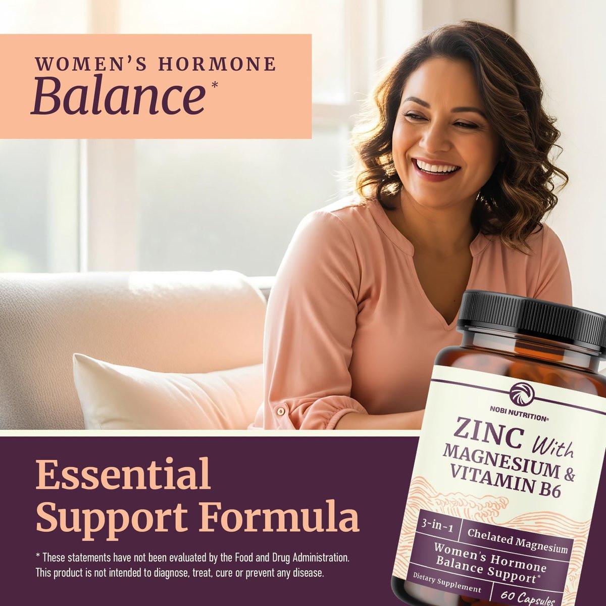 Zink und Magnesium Supplement mit Vitamin B6 | Frauen Hormonbalance, Menstruationszyklus & Immununterstützung | Hochabsorbierendes Chelat-Magnesiumglycinat mit Zinkpicolinat und Vitamin B6 | 60 Kapseln