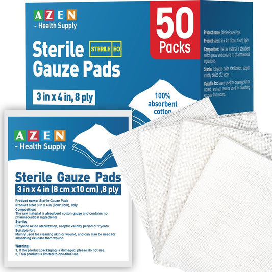 AZEN 50 Stück sterile Mullkompressen, 3" x 4" nicht haftende Wundauflagen, 8-lagige Baumwoll-Mulltupfer für Wundversorgung und Erste Hilfe, saugstark, einzeln verpackte medizinische Mullbinden