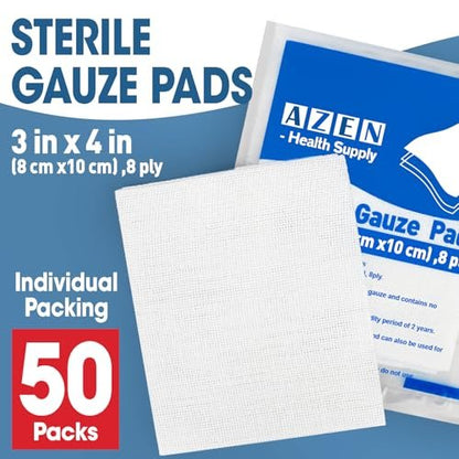 AZEN 50 Stück sterile Mullkompressen, 3" x 4" nicht haftende Wundauflagen, 8-lagige Baumwoll-Mulltupfer für Wundversorgung und Erste Hilfe, saugstark, einzeln verpackte medizinische Mullbinden