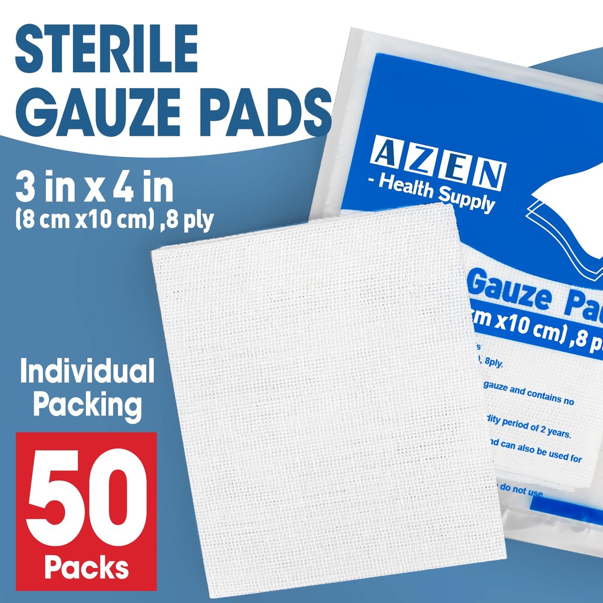 AZEN 50 Stück sterile Mullkompressen, 3" x 4" nicht haftende Wundauflagen, 8-lagige Baumwoll-Mulltupfer für Wundversorgung und Erste Hilfe, saugstark, einzeln verpackte medizinische Mullbinden
