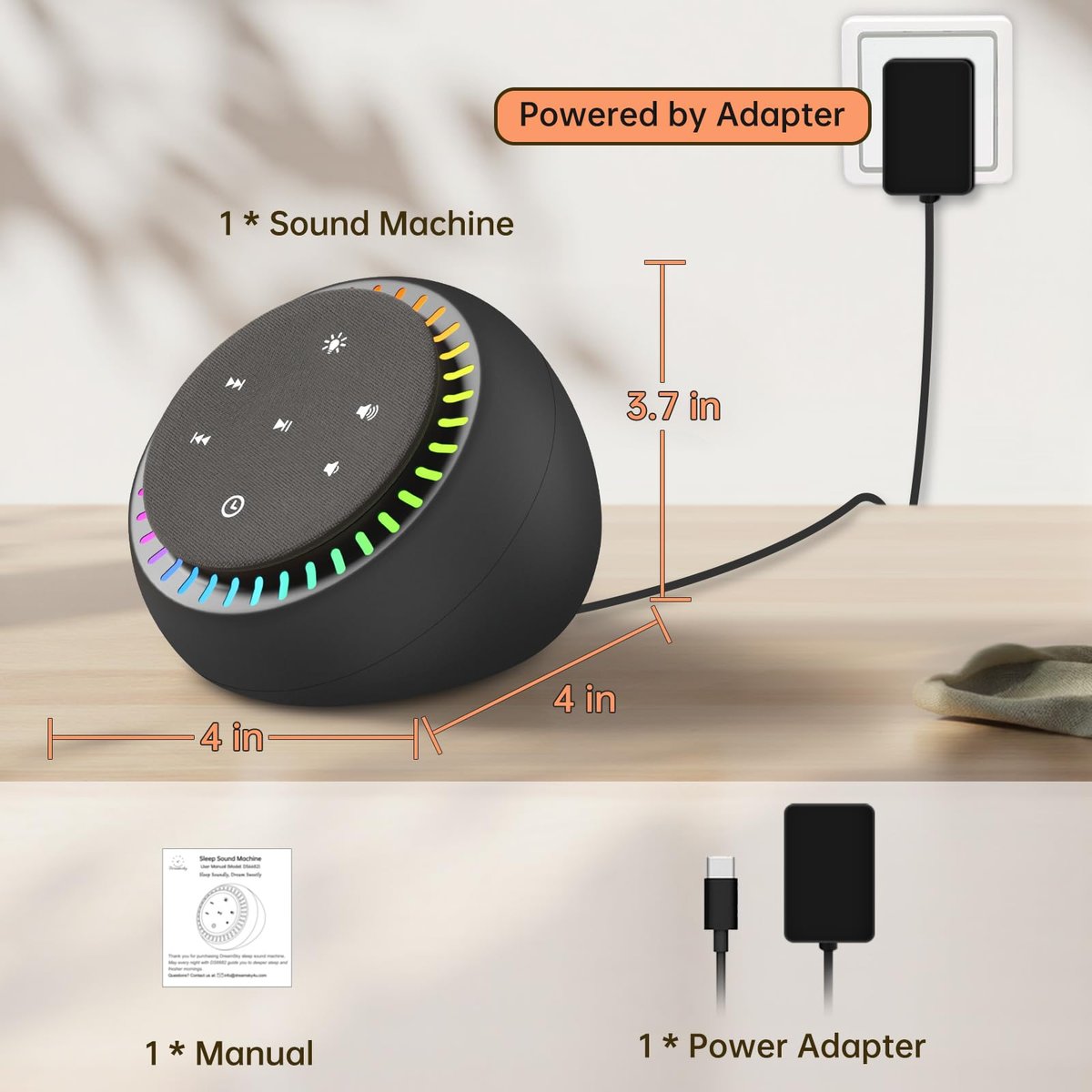 DreamSky Klangmaschine für Schlaf, Weißes Rauschen für Erwachsene & Baby, Brauner Rauschen Fan für Büro Privatsphäre & Geräuschunterdrückung, 26 Klänge & RGB Nachtlicht, USB-C betrieben für Zuhause Reisen