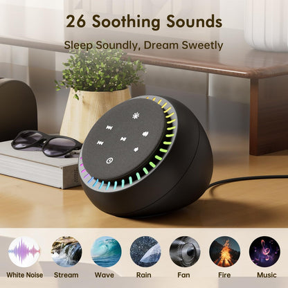 DreamSky Klangmaschine für Schlaf, Weißes Rauschen für Erwachsene & Baby, Brauner Rauschen Fan für Büro Privatsphäre & Geräuschunterdrückung, 26 Klänge & RGB Nachtlicht, USB-C betrieben für Zuhause Reisen