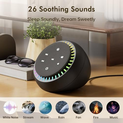 DreamSky Klangmaschine für Schlaf, Weißes Rauschen für Erwachsene & Baby, Brauner Rauschen Fan für Büro Privatsphäre & Geräuschunterdrückung, 26 Klänge & RGB Nachtlicht, USB-C betrieben für Zuhause Reisen