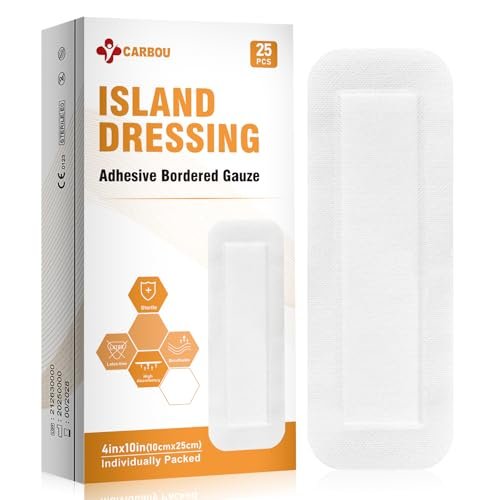 Carbou Island Dressing Bordered Gauze 4"x10" - 25 Sterile Einzeln Verpackte Kompressen | Saugfähiges Zentrum mit Wasserabweisendem Kleberand | Medizinisches Vliesmaterial für Wundversorgung & Erste Hilfe