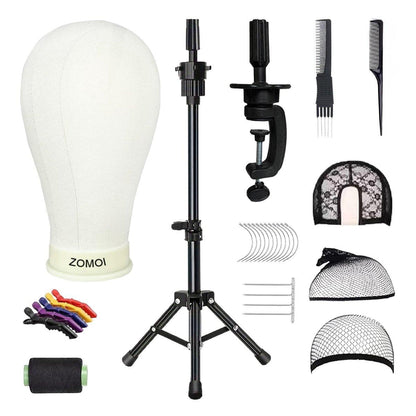 ZOMOI Perückenständer mit Kopf, 56 cm Leinwand-Perückenkopf mit Ständer für Perücken, Leinwand-Schaufensterpuppenkopf, Manikin-Kopf-Block-Set zur Perückenherstellung und -präsentation mit Perückenkappen, T-Nadeln, K-Bürste
