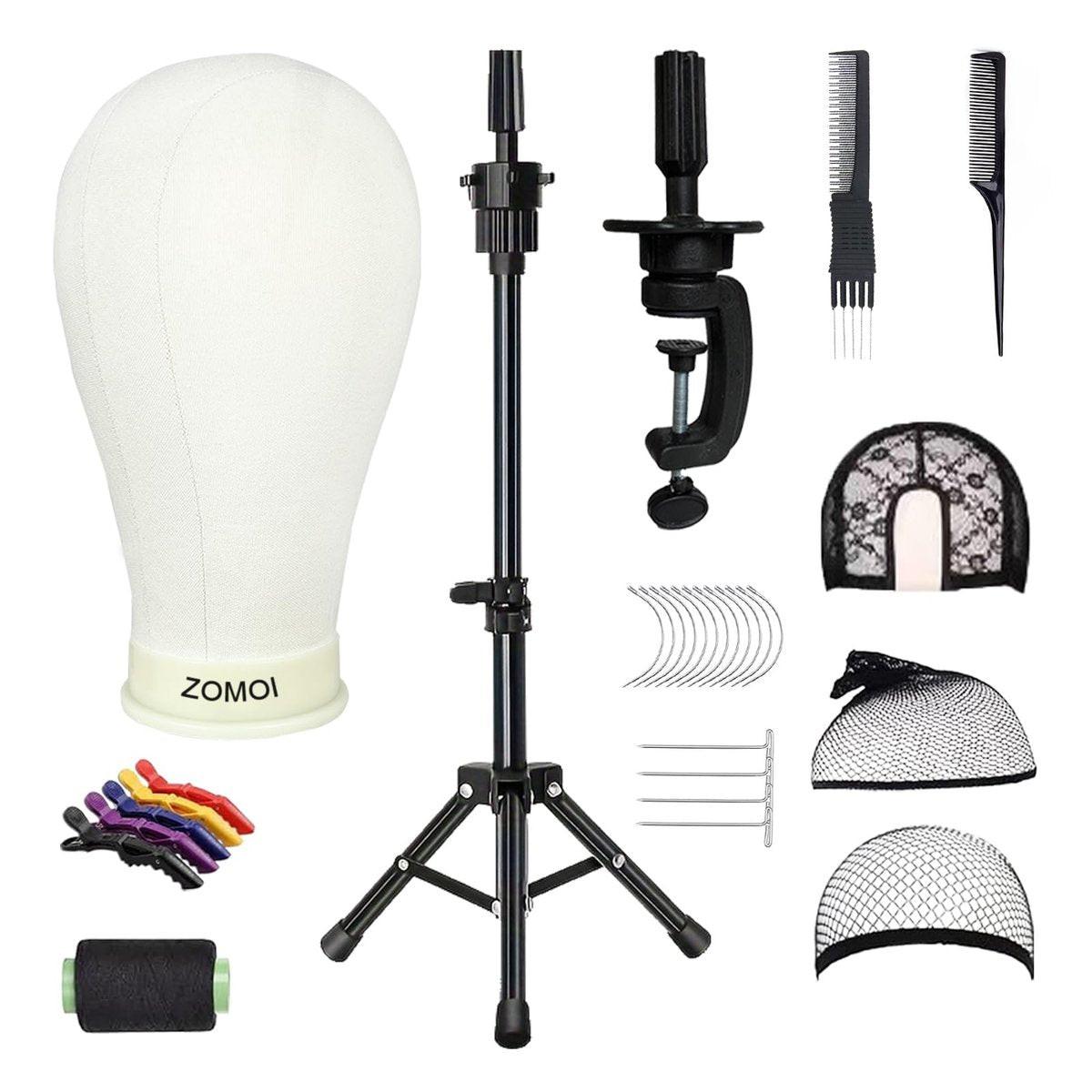 ZOMOI Perückenständer mit Kopf, 56 cm Leinwand-Perückenkopf mit Ständer für Perücken, Leinwand-Schaufensterpuppenkopf, Manikin-Kopf-Block-Set zur Perückenherstellung und -präsentation mit Perückenkappen, T-Nadeln, K-Bürste