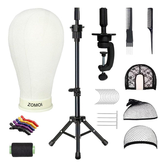ZOMOI Perückenständer mit Kopf, 56 cm Leinwand-Perückenkopf mit Ständer für Perücken, Leinwand-Schaufensterpuppenkopf, Manikin-Kopf-Block-Set zur Perückenherstellung und -präsentation mit Perückenkappen, T-Nadeln, K-Bürste