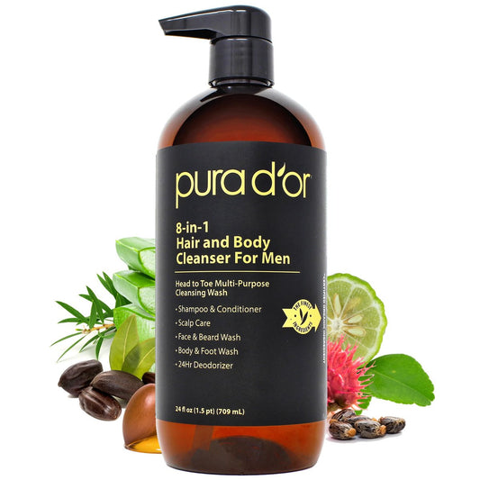 PURA D'OR 24 Oz 8-in-1 Haar- & Körperreiniger für Männer – Sulfatfreie Mehrzweck-Wäsche für Haare, Gesicht, Bart & Körper mit Bio-Aloe Vera, Zedernholz & Lemongras, belebende & desodorierende Formel