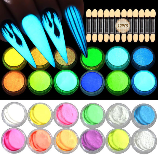 12 Farben Glow in the Dark Pigmentpulver – Luminiszierendes Irideszenz-Acryl-Nagelpulver, Fluoreszierender Neon-Phosphor-Glitterstaub für Gel-Nägel, Nagelkunst, Halloween-Nägel, DIY-Harz-Basteln