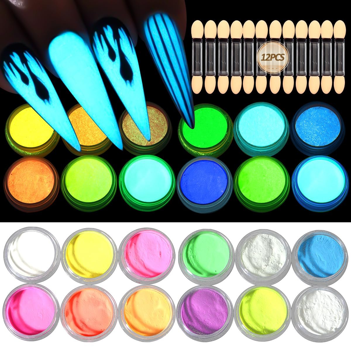 12 Farben Glow in the Dark Pigmentpulver – Luminiszierendes Irideszenz-Acryl-Nagelpulver, Fluoreszierender Neon-Phosphor-Glitterstaub für Gel-Nägel, Nagelkunst, Halloween-Nägel, DIY-Harz-Basteln