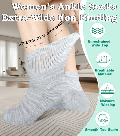 Damen Diabetiker Socken ohne Bündchen, weite Dehnung für Senioren, Schwangere, Extra Breite, Freizeit-Söckchen, Grau, 4 Paar, Größe 9-11