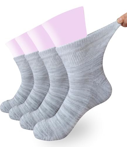 Damen Diabetiker Socken ohne Bündchen, weite Dehnung für Senioren, Schwangere, Extra Breite, Freizeit-Söckchen, Grau, 4 Paar, Größe 9-11