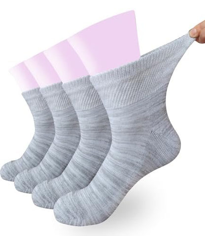 Damen Diabetiker Socken ohne Bündchen, weite Dehnung für Senioren, Schwangere, Extra Breite, Freizeit-Söckchen, Grau, 4 Paar, Größe 9-11