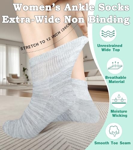Damen Diabetiker Socken ohne Bündchen, weite Dehnung für Senioren, Schwangere, Extra Breite, Freizeit-Söckchen, Grau, 4 Paar, Größe 9-11