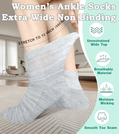 Damen Diabetiker Socken ohne Bündchen, weite Dehnung für Senioren, Schwangere, Extra Breite, Freizeit-Söckchen, Grau, 4 Paar, Größe 9-11