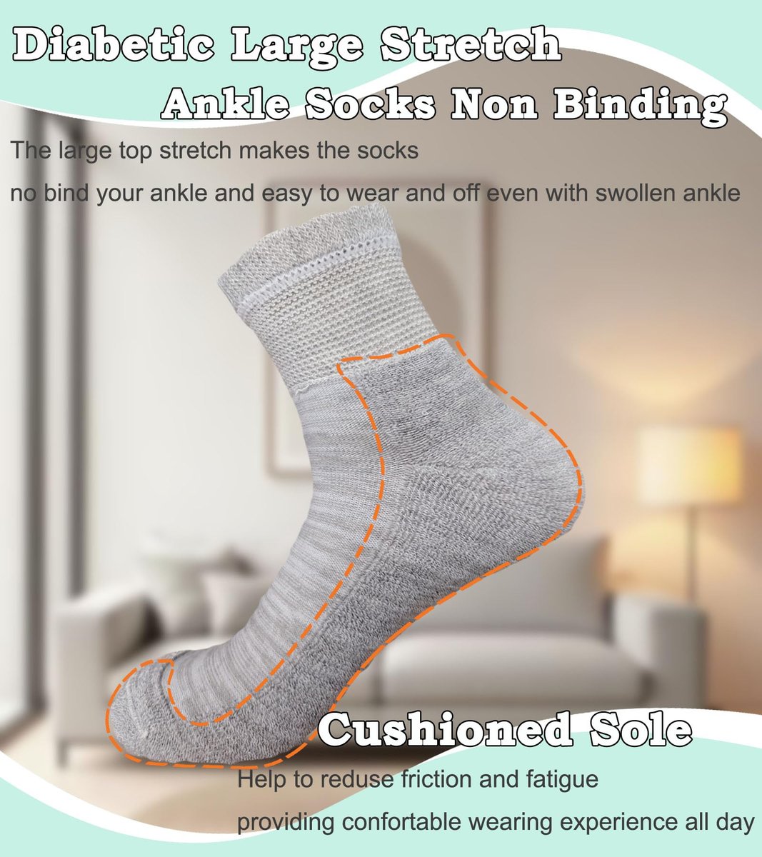 Damen Diabetiker Socken ohne Bündchen, weite Dehnung für Senioren, Schwangere, Extra Breite, Freizeit-Söckchen, Grau, 4 Paar, Größe 9-11