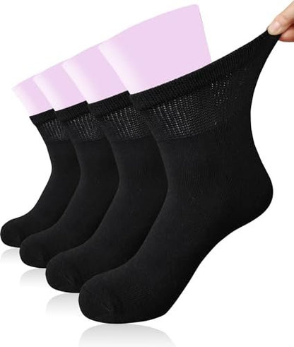Diabetische Socken für Damen – Extraweite Kompressionssocken bei Schwellungen, Ödemen, breiten Füßen – Krankenhaussocken Schwarz 4 Paar