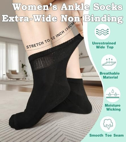 Diabetische Socken für Damen – Extraweite Kompressionssocken bei Schwellungen, Ödemen, breiten Füßen – Krankenhaussocken Schwarz 4 Paar