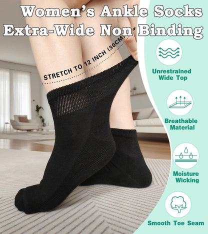 Diabetische Socken für Damen – Extraweite Kompressionssocken bei Schwellungen, Ödemen, breiten Füßen – Krankenhaussocken Schwarz 4 Paar