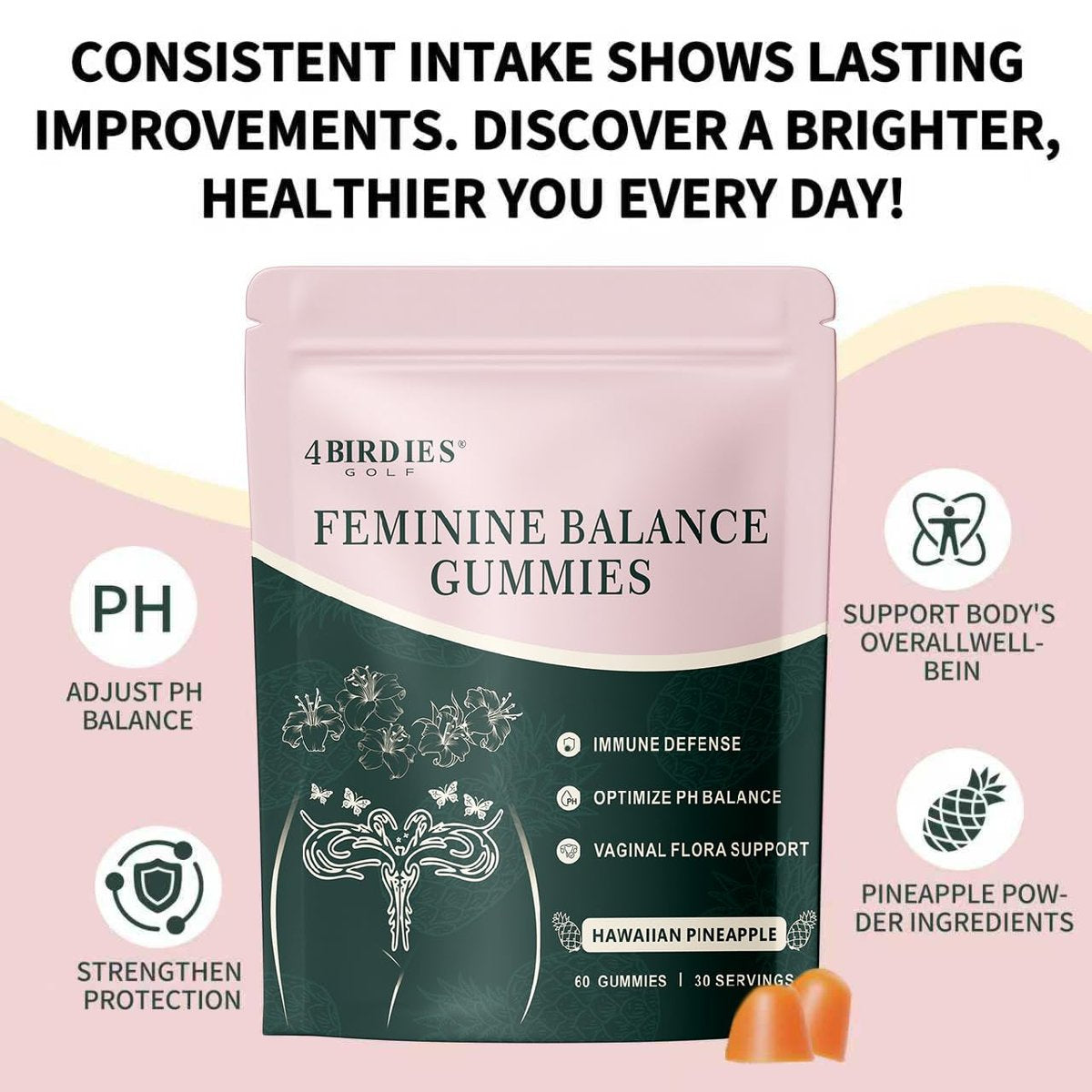 4 BIRDIES GOLF Premium Feminine Balance Gummies – Hawaiian Ananas Gummis für die Frauengesundheit, vaginale probiotische & pH-Balance Unterstützung – Vegan – Gesunder Geruch – Glutenfrei – 60 Stück
