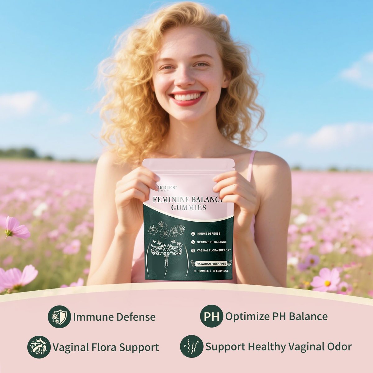 4 BIRDIES GOLF Premium Feminine Balance Gummies – Hawaiian Ananas Gummis für die Frauengesundheit, vaginale probiotische & pH-Balance Unterstützung – Vegan – Gesunder Geruch – Glutenfrei – 60 Stück