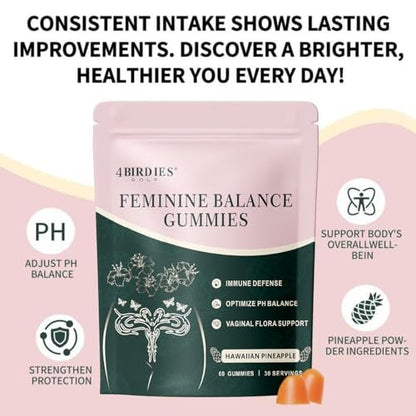 4 BIRDIES GOLF Premium Feminine Balance Gummies – Hawaiian Ananas Gummis für die Frauengesundheit, vaginale probiotische & pH-Balance Unterstützung – Vegan – Gesunder Geruch – Glutenfrei – 60 Stück
