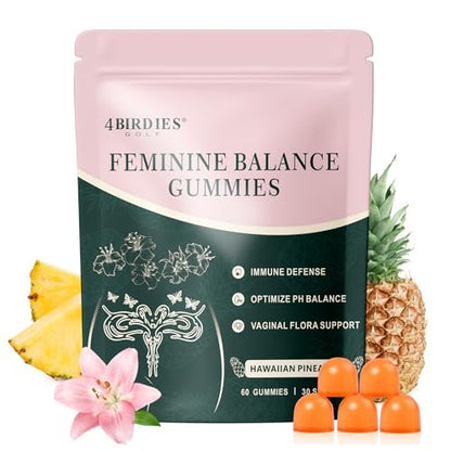 4 BIRDIES GOLF Premium Feminine Balance Gummies – Hawaiian Ananas Gummis für die Frauengesundheit, vaginale probiotische & pH-Balance Unterstützung – Vegan – Gesunder Geruch – Glutenfrei – 60 Stück
