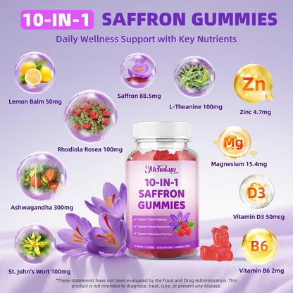 Safran Gummis für Kinder & Erwachsene – Unterstützt die Antioxidansfunktion mit Ashwagandha, L-Theanin, Rhodiola Rosea, Zitronenmelisse, Vitamin D3, B6, Magnesium & Zink – Himbeergeschmack, 120 Stück