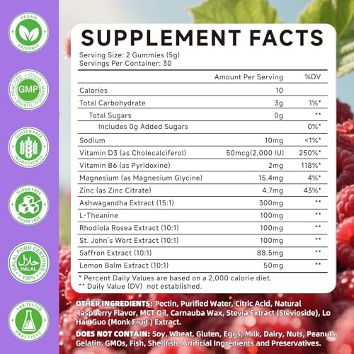 Safran Gummis für Kinder & Erwachsene – Unterstützt die Antioxidansfunktion mit Ashwagandha, L-Theanin, Rhodiola Rosea, Zitronenmelisse, Vitamin D3, B6, Magnesium & Zink – Himbeergeschmack, 120 Stück