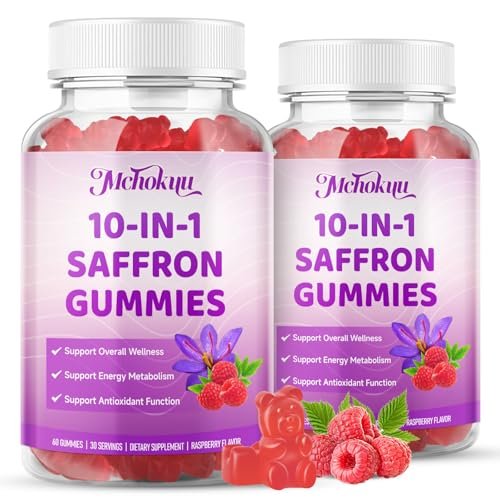 Safran Gummis für Kinder & Erwachsene – Unterstützt die Antioxidansfunktion mit Ashwagandha, L-Theanin, Rhodiola Rosea, Zitronenmelisse, Vitamin D3, B6, Magnesium & Zink – Himbeergeschmack, 120 Stück