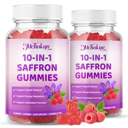 Safran Gummis für Kinder & Erwachsene – Unterstützt die Antioxidansfunktion mit Ashwagandha, L-Theanin, Rhodiola Rosea, Zitronenmelisse, Vitamin D3, B6, Magnesium & Zink – Himbeergeschmack, 120 Stück