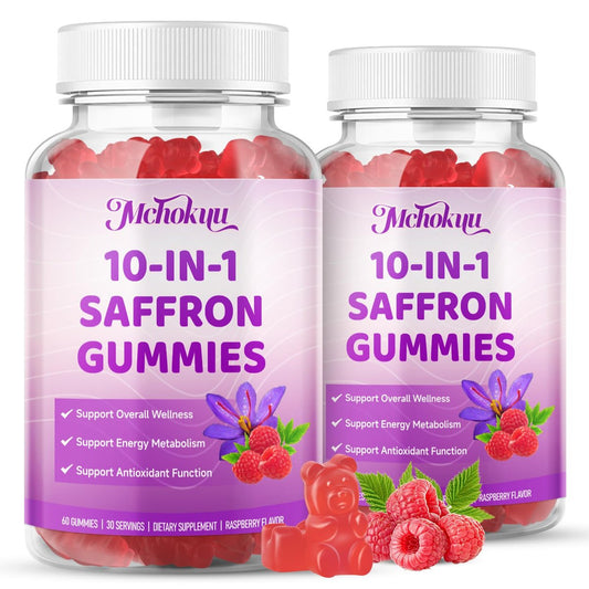 Safran Gummis für Kinder & Erwachsene – Unterstützt die Antioxidansfunktion mit Ashwagandha, L-Theanin, Rhodiola Rosea, Zitronenmelisse, Vitamin D3, B6, Magnesium & Zink – Himbeergeschmack, 120 Stück