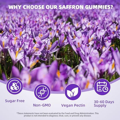 Safran Gummis für Kinder & Erwachsene – Unterstützt die Antioxidansfunktion mit Ashwagandha, L-Theanin, Rhodiola Rosea, Zitronenmelisse, Vitamin D3, B6, Magnesium & Zink – Himbeergeschmack, 120 Stück