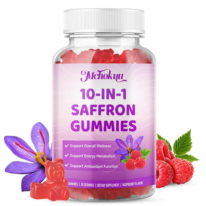 Safran Gummis für Kinder & Erwachsene – Unterstützt die Antioxidansfunktion mit Ashwagandha, L-Theanin, Rhodiola Rosea, Zitronenmelisse, Vitamin D3, B6, Magnesium & Zink – Himbeergeschmack, 120 Stück