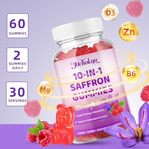 Safran Gummis für Kinder & Erwachsene – Unterstützt die Antioxidansfunktion mit Ashwagandha, L-Theanin, Rhodiola Rosea, Zitronenmelisse, Vitamin D3, B6, Magnesium & Zink – Himbeergeschmack, 120 Stück