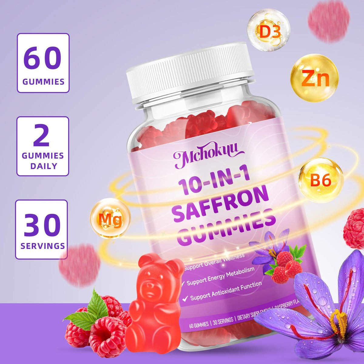 Safran Gummis für Kinder & Erwachsene – Unterstützt die Antioxidansfunktion mit Ashwagandha, L-Theanin, Rhodiola Rosea, Zitronenmelisse, Vitamin D3, B6, Magnesium & Zink – Himbeergeschmack, 120 Stück