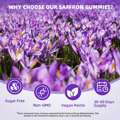 Safran Gummis für Kinder & Erwachsene – Unterstützt die Antioxidansfunktion mit Ashwagandha, L-Theanin, Rhodiola Rosea, Zitronenmelisse, Vitamin D3, B6, Magnesium & Zink – Himbeergeschmack, 120 Stück