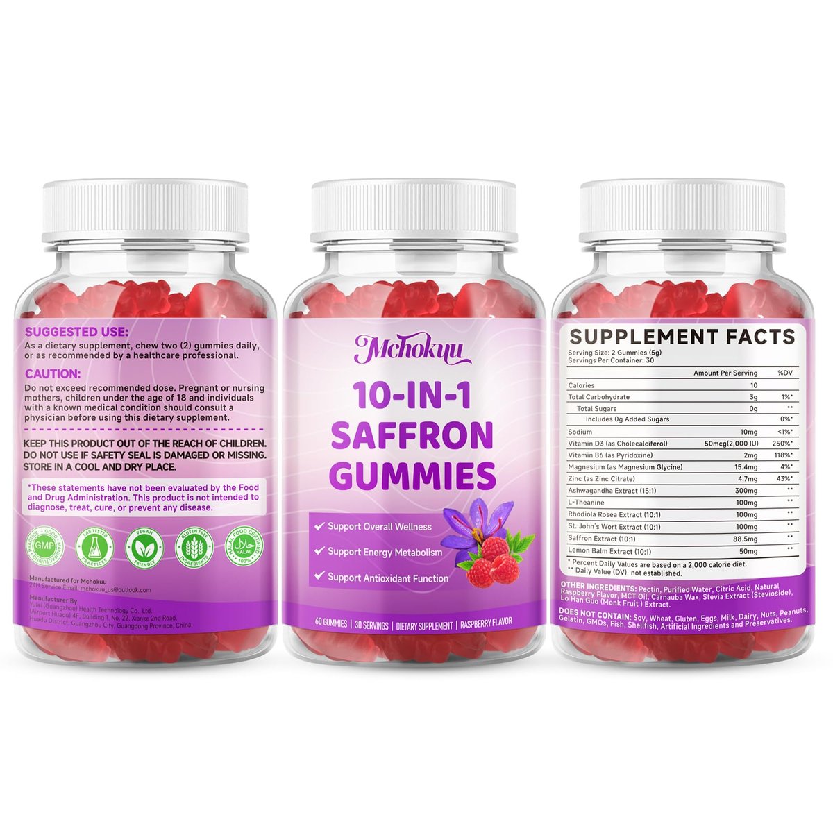 Safran Gummis für Kinder & Erwachsene – Unterstützt die Antioxidansfunktion mit Ashwagandha, L-Theanin, Rhodiola Rosea, Zitronenmelisse, Vitamin D3, B6, Magnesium & Zink – Himbeergeschmack, 120 Stück