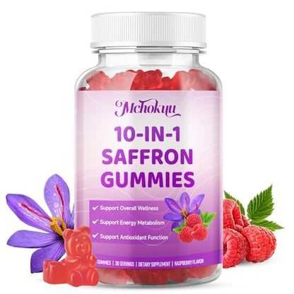 Safran Gummis für Kinder & Erwachsene – Unterstützt die Antioxidansfunktion mit Ashwagandha, L-Theanin, Rhodiola Rosea, Zitronenmelisse, Vitamin D3, B6, Magnesium & Zink – Himbeergeschmack, 120 Stück