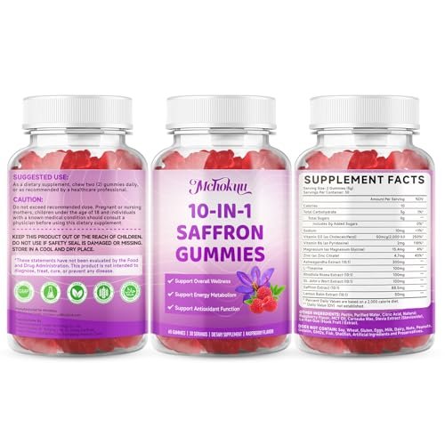 Safran Gummis für Kinder & Erwachsene – Unterstützt die Antioxidansfunktion mit Ashwagandha, L-Theanin, Rhodiola Rosea, Zitronenmelisse, Vitamin D3, B6, Magnesium & Zink – Himbeergeschmack, 120 Stück